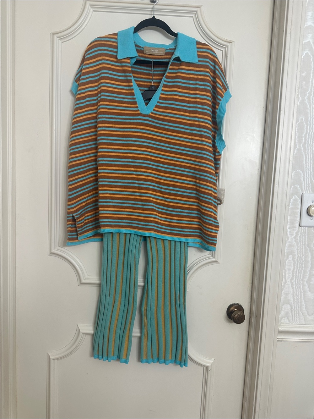 Free People Striped Knit Pantsuit in Turquoise and Brown